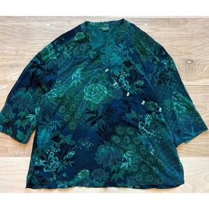 Tianello Womens Rayon Asian Floral Print Asymmetrical Button Blouse Green large